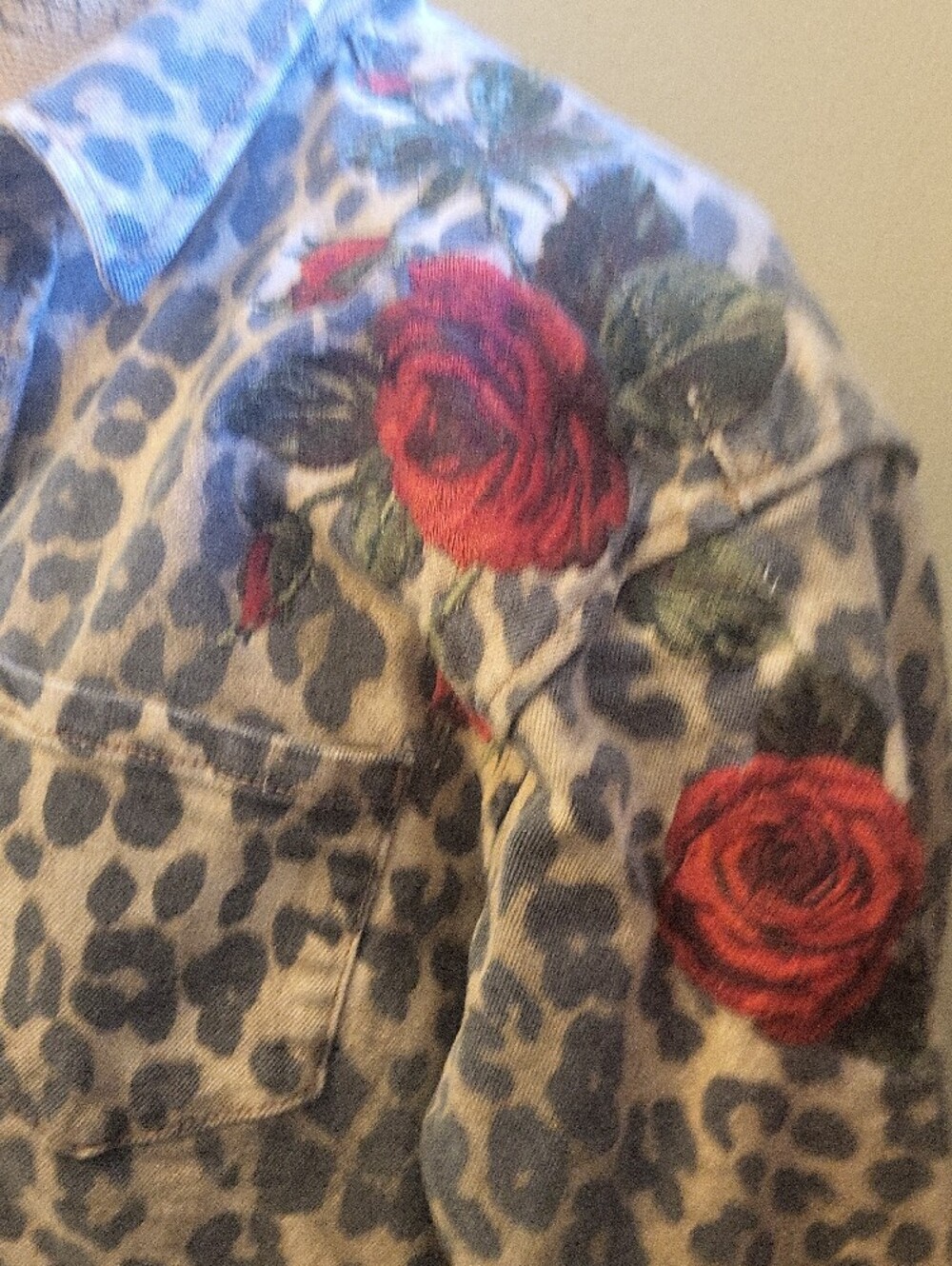 DRIFTWOOD Leopard Print Denim Jacket with Red Rose Embroidery - Picture 3 of 6